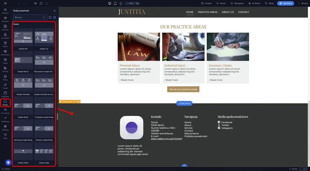 Lewy panel boczny edytora Sitejet Builder z otwartą sekcją Stopka i gotowymi układami do przeciągnięcia na stronę