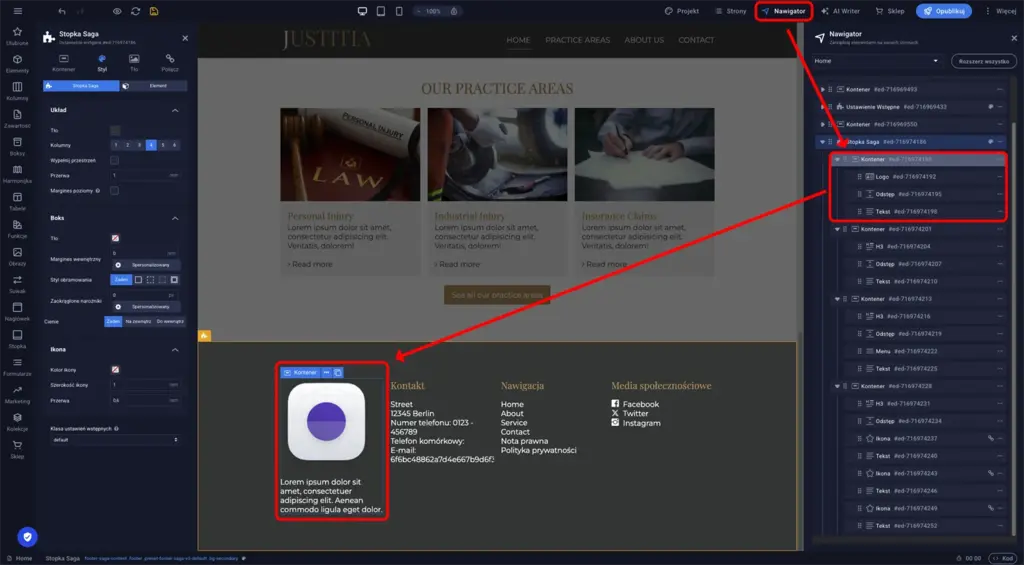 Edytor Sitejet Builder z otwartym panelem Nawigator i widoczną strukturą elementów sekcji stopki