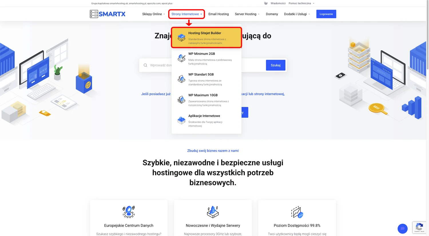 Menu główne smartxhosting.pl z zaznaczoną pozycją Hosting Sitejet Builder w sekcji Strony WWW