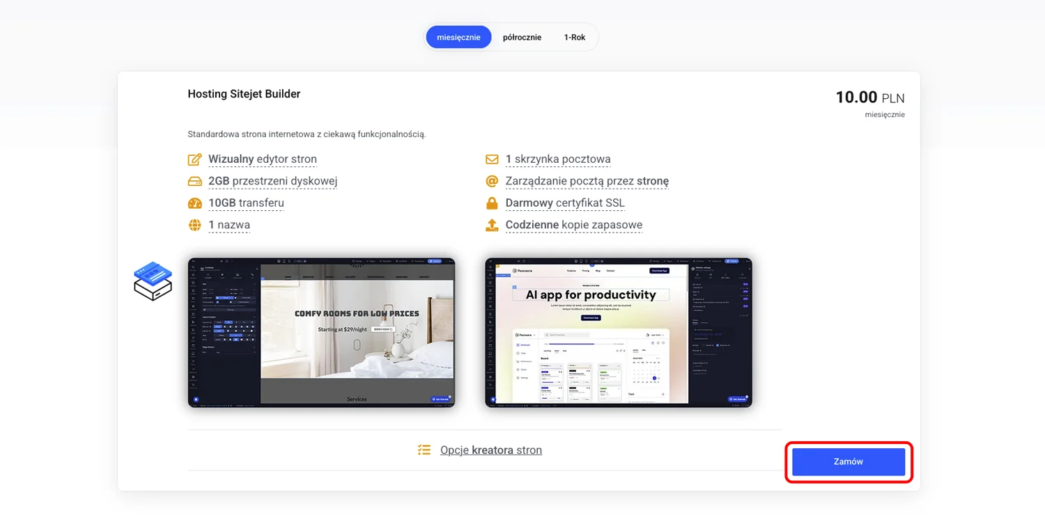 Strona produktu Hosting Sitejet Builder z przyciskiem Zamów