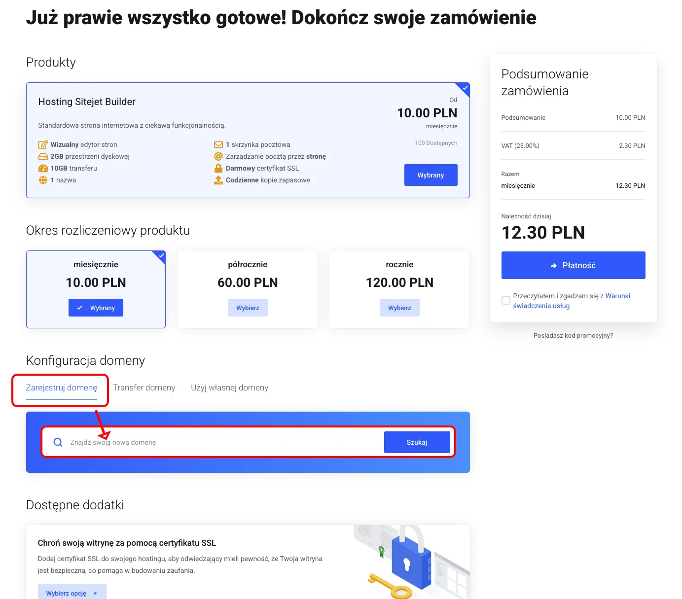 Koszyk zakupowy — sekcja Konfiguracja domeny z zakładką Zarejestruj domenę i polem wyszukiwania nazwy domeny