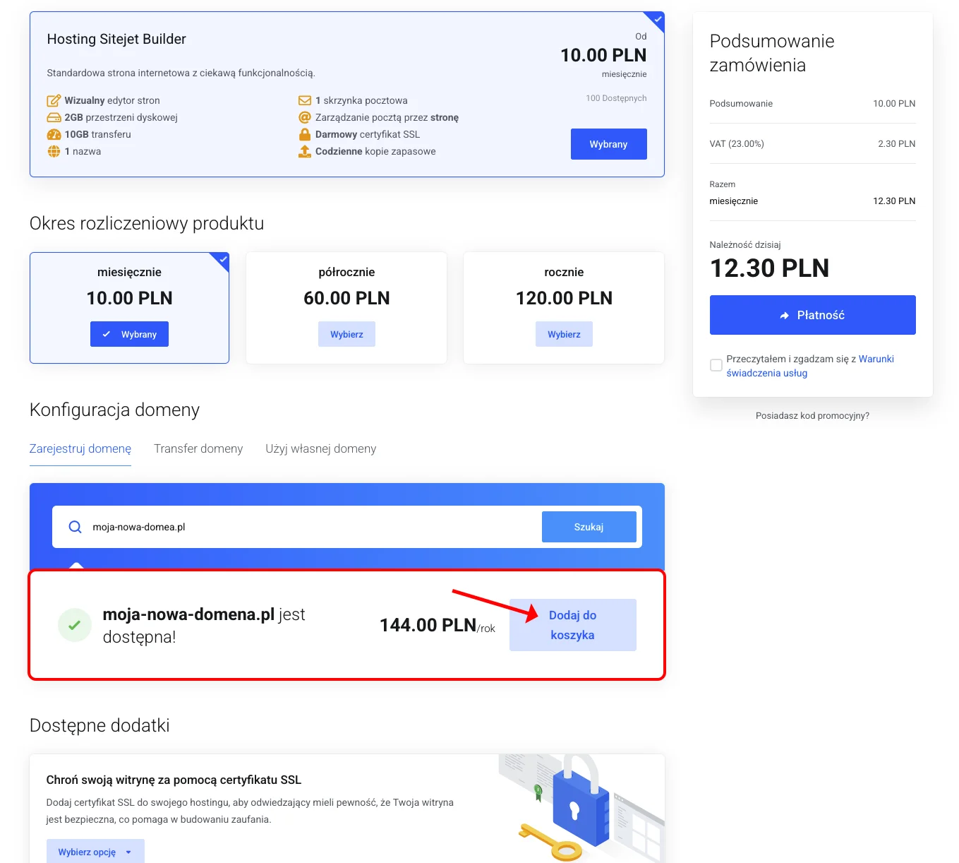 Wynik wyszukiwania domeny — domena dostępna z przyciskiem Dodaj do koszyka