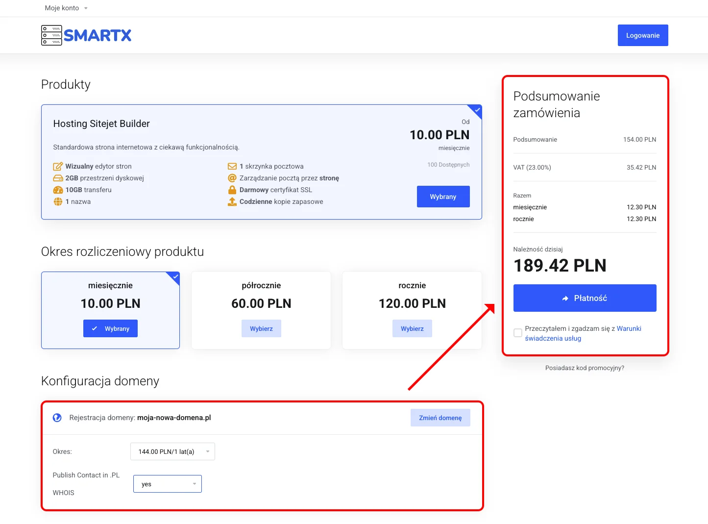 Koszyk zakupowy z dodaną domeną i usługą Hosting Sitejet Builder gotowymi do zamówienia