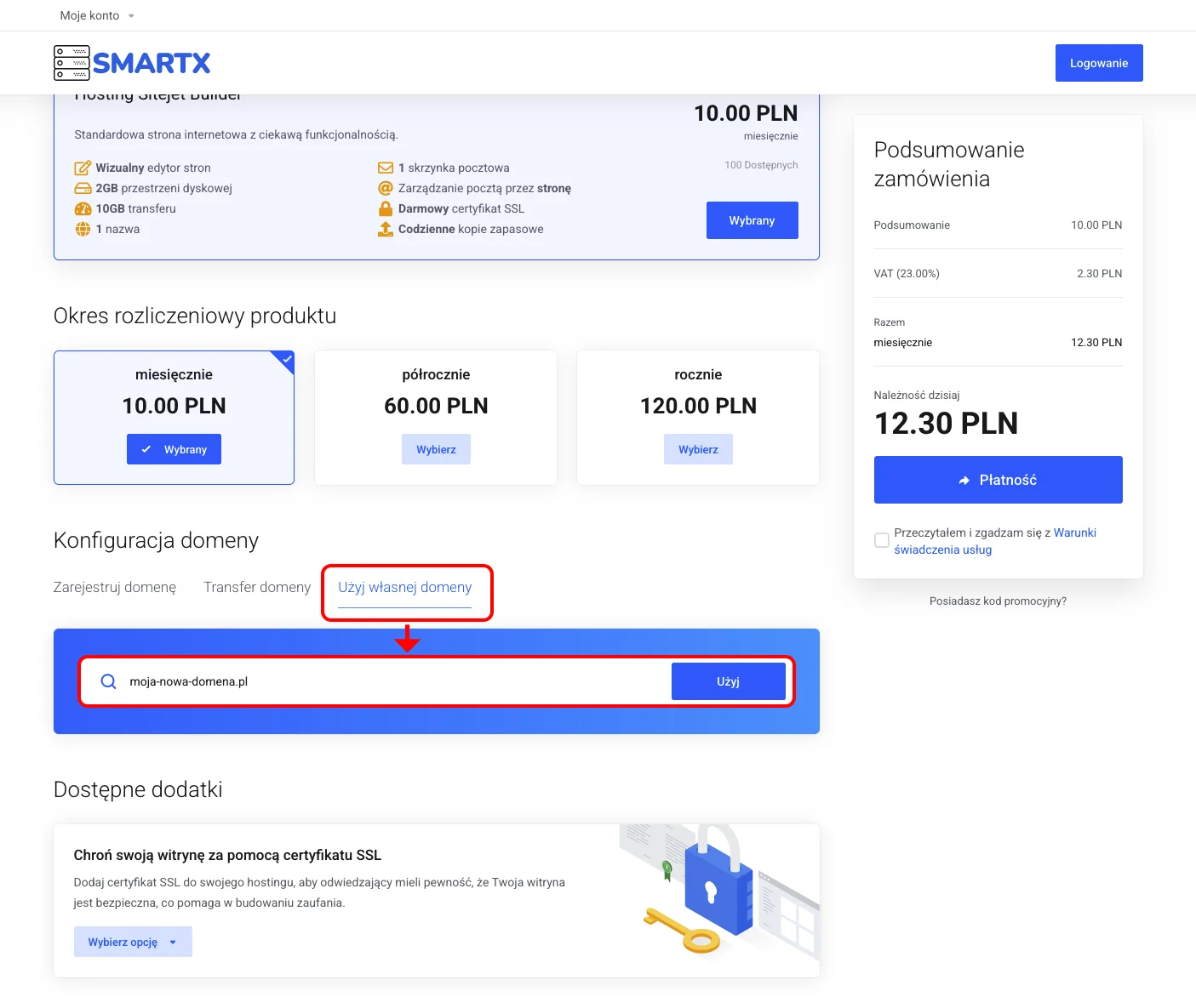 Koszyk zakupowy — zakładka Użyj własnej domeny z polem do wpisania nazwy domeny i przyciskiem Użyj