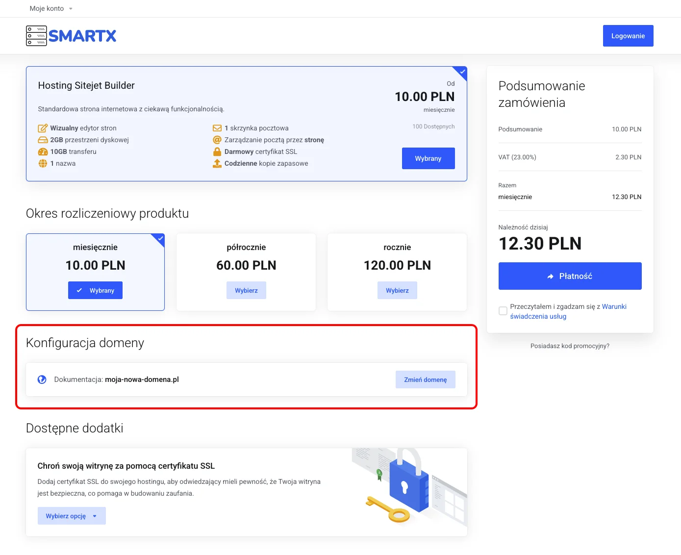 Koszyk zakupowy z własną domeną dodaną do konfiguracji usługi Hosting Sitejet Builder