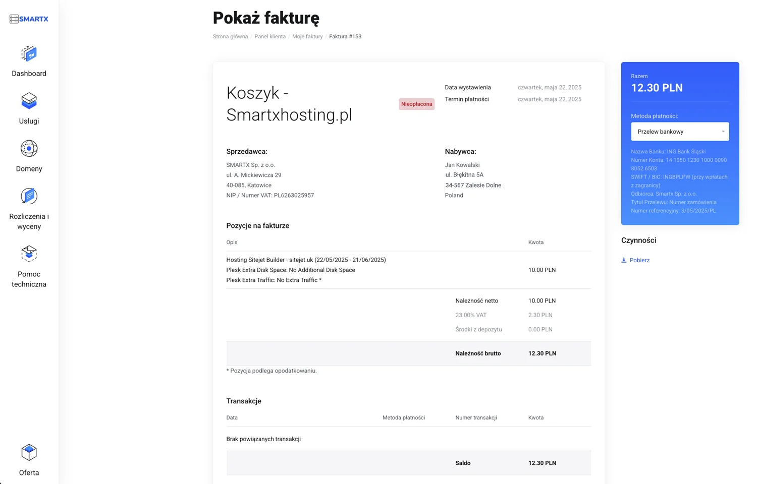 Panel klienta smartxhosting.pl — widok faktury po złożeniu zamówienia usługi Hosting Sitejet Builder