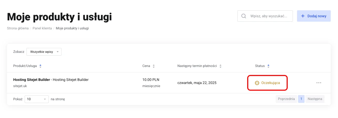 Sekcja Usługi w panelu klienta — lista produktów ze statusem usługi Hosting Sitejet Builder