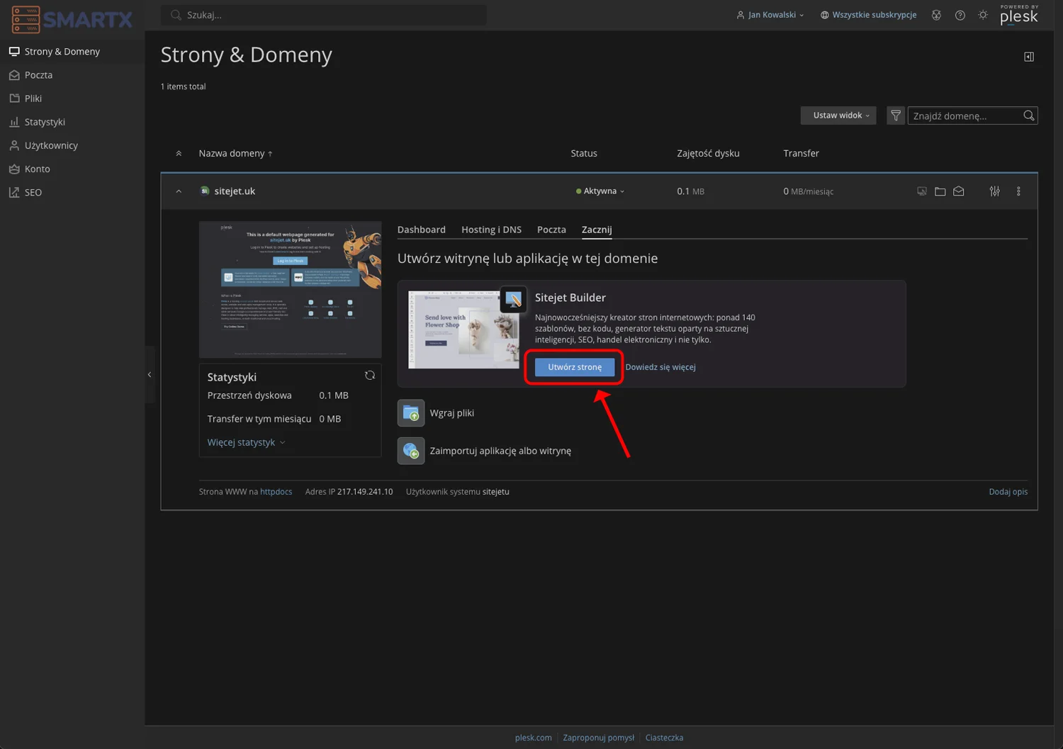 Panel hostingowy Plesk — zakładka Zacznij z przyciskiem Utwórz stronę do uruchomienia edytora Sitejet Builder