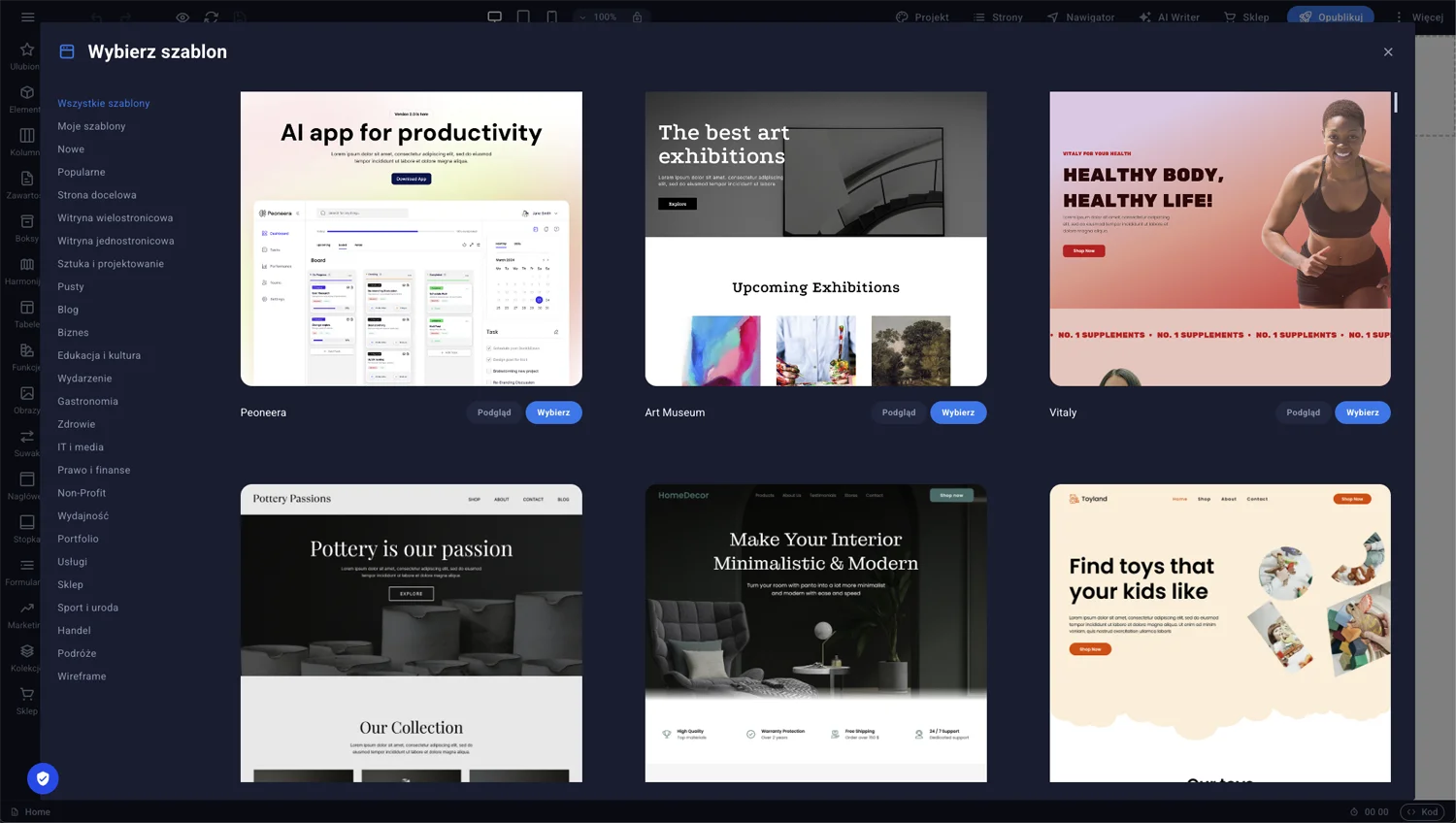 Edytor Sitejet Builder — okno wyboru szablonu strony internetowej z galeriami gotowych projektów