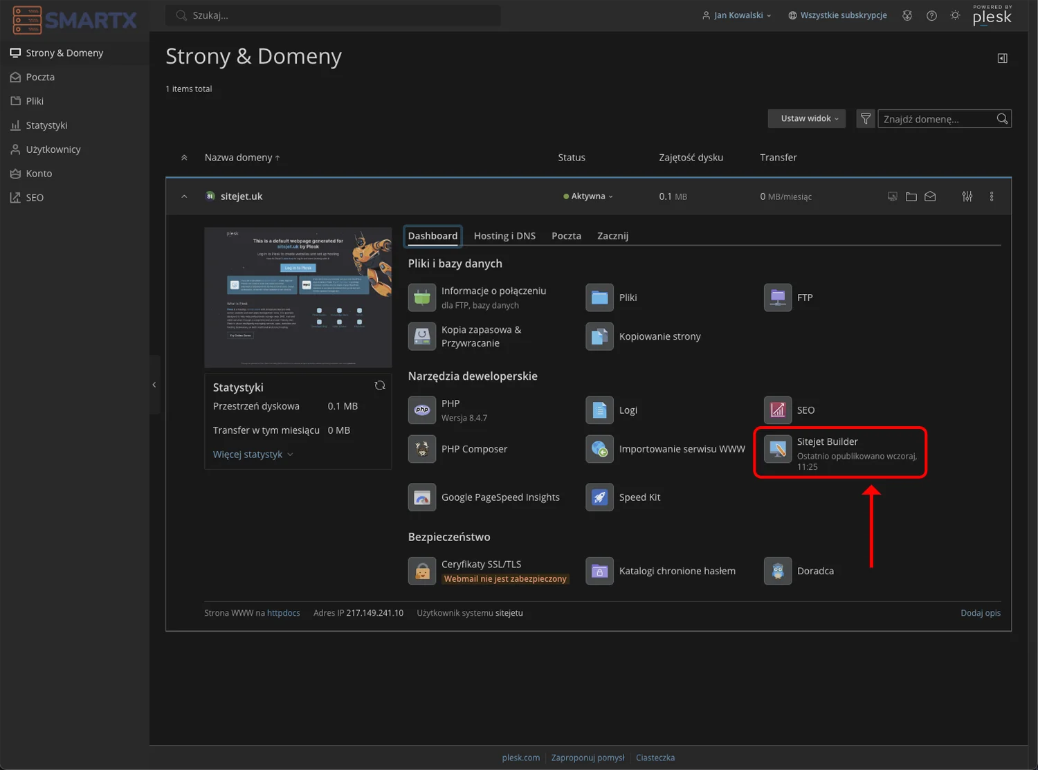Panel Plesk — zakładka Dashboard z przyciskiem Sitejet Builder do ponownego otwarcia edytora strony