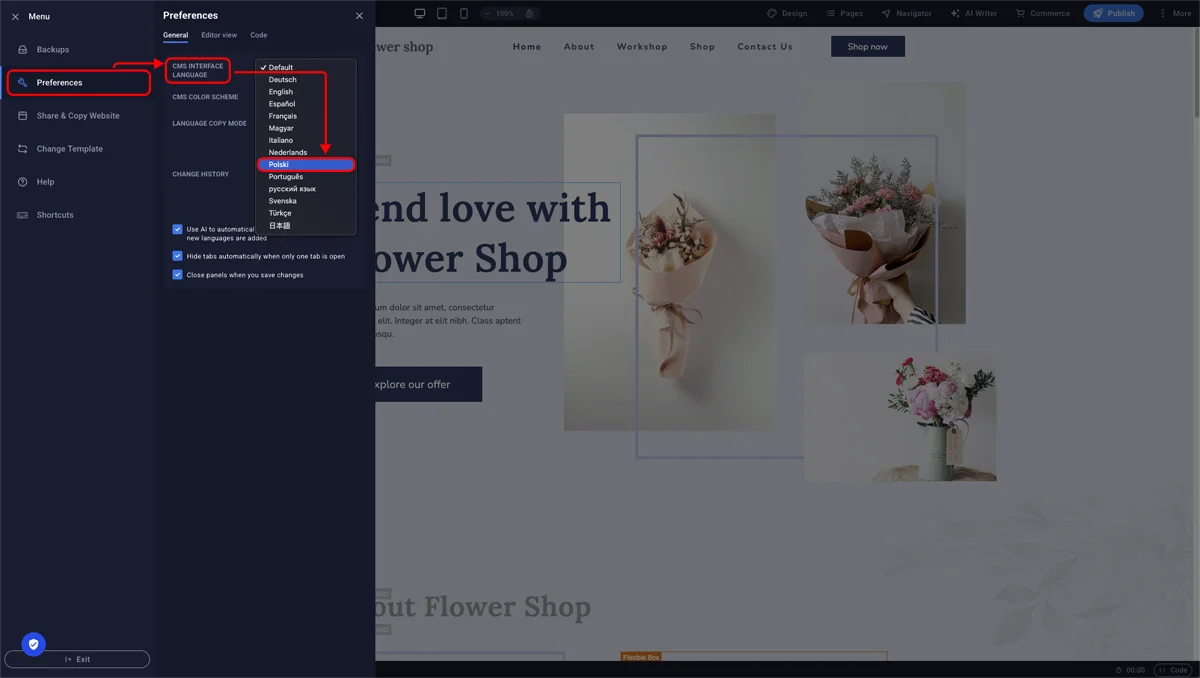 Sekcja Preferences w menu edytora z rozwiniętą listą CMS Interface Language i zaznaczoną opcją Polski