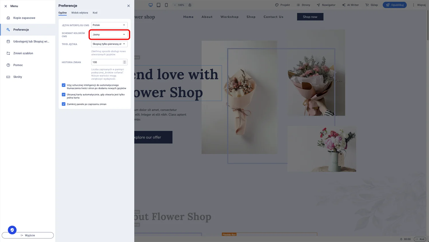Edytor Sitejet Builder wyświetlony w jasnym motywie kolorystycznym z widocznym panelem bocznym i obszarem roboczym
