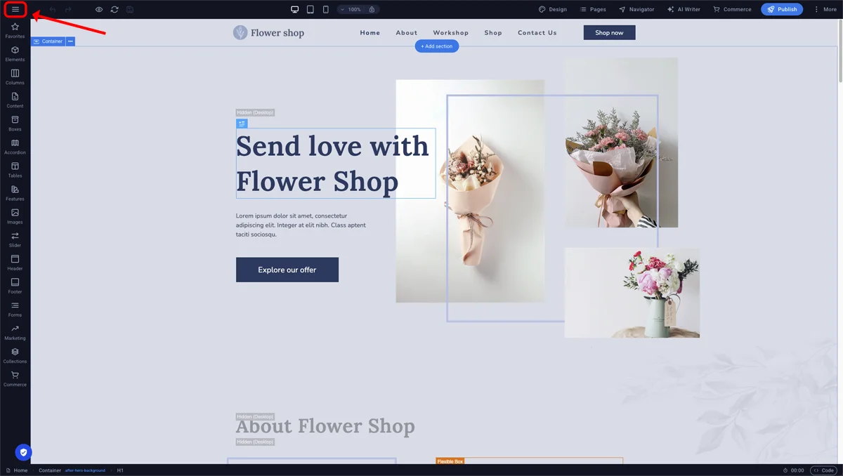 Główne menu edytora Sitejet Builder otwarte po kliknięciu ikony trzech kresek w lewym górnym rogu