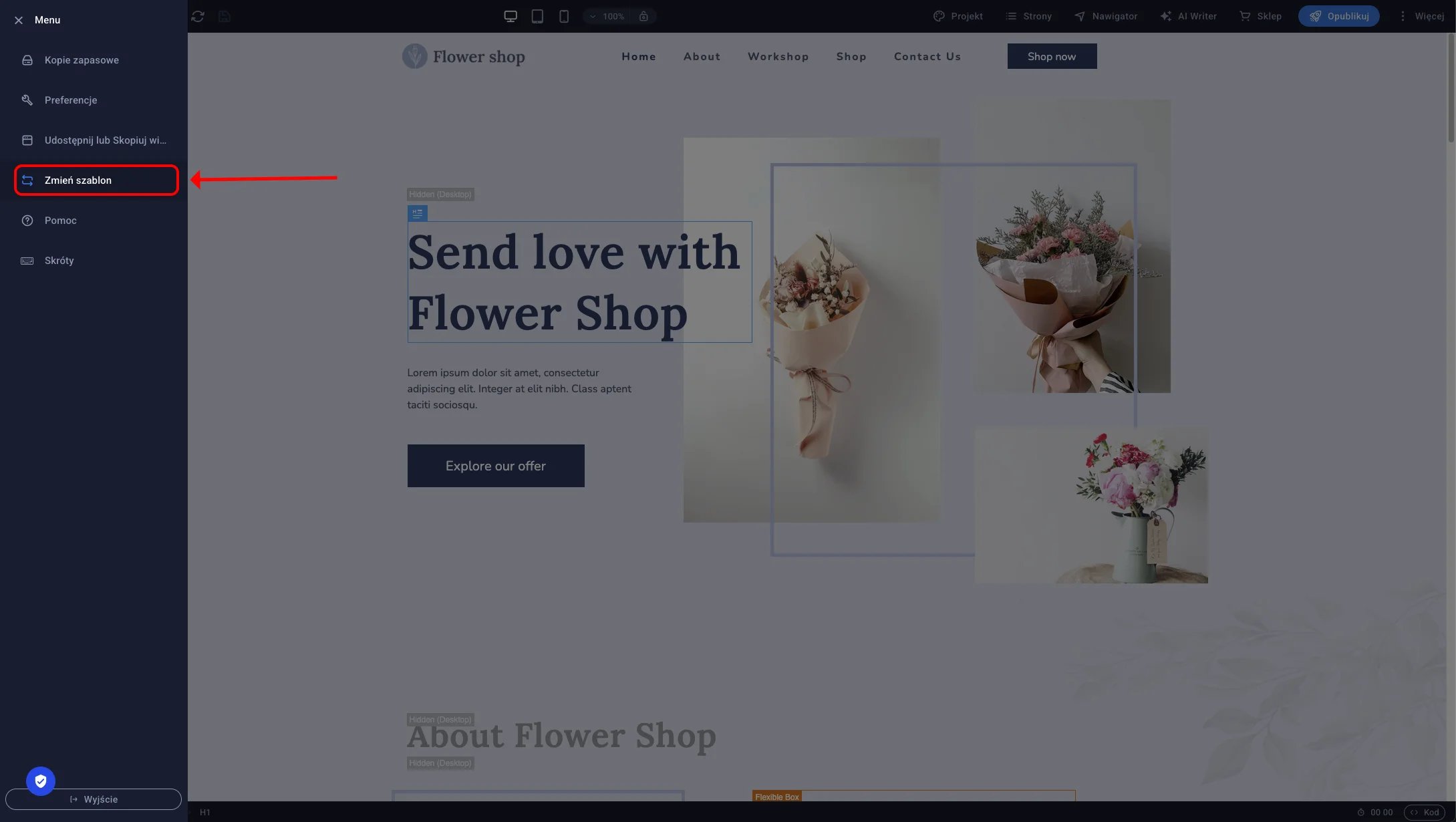 Menu główne edytora Sitejet Builder z zaznaczoną opcją Zmień szablon umożliwiającą wymianę szablonu witryny