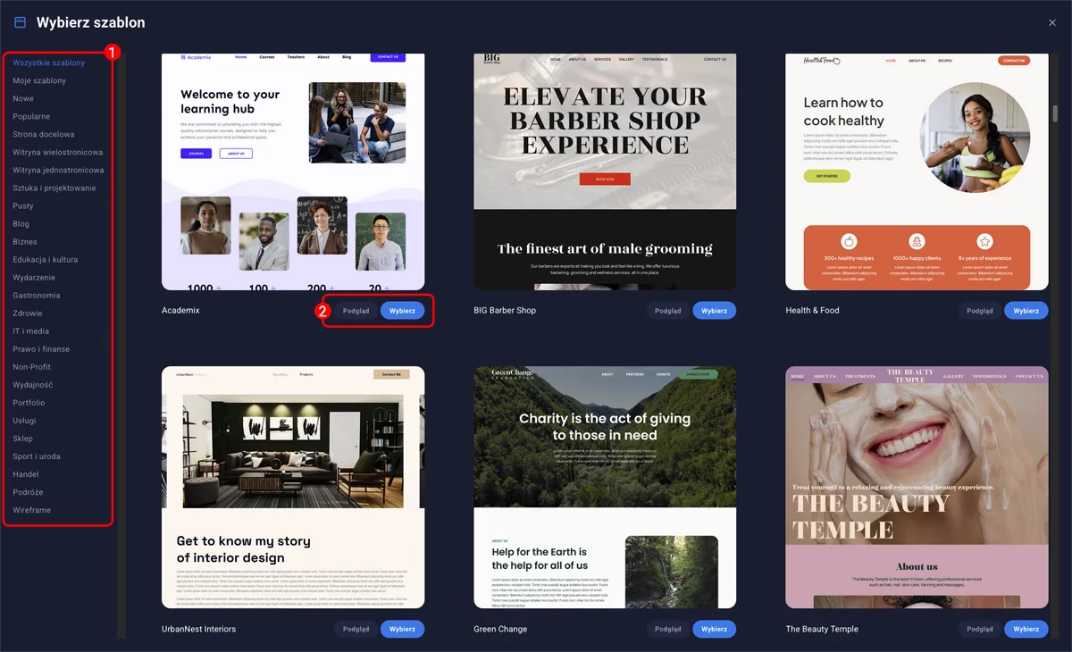 Lista szablonów Sitejet Builder z kategoriami po lewej stronie oraz przyciskami Podgląd i Wybierz pod każdym szablonem