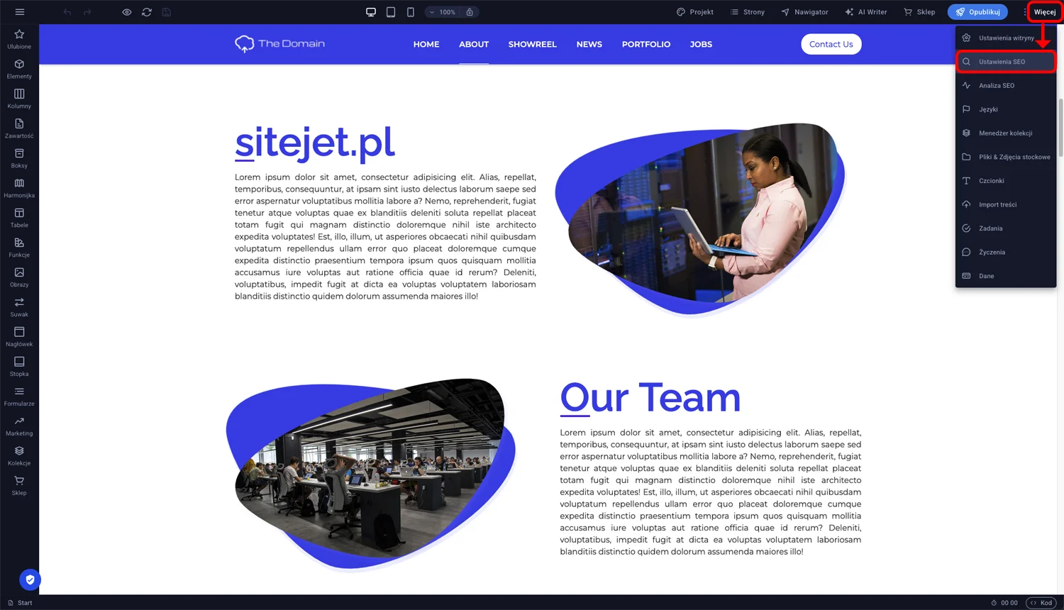 Górne menu edytora Sitejet Builder z rozwiniętą opcją Więcej i zaznaczonym elementem Ustawienia SEO