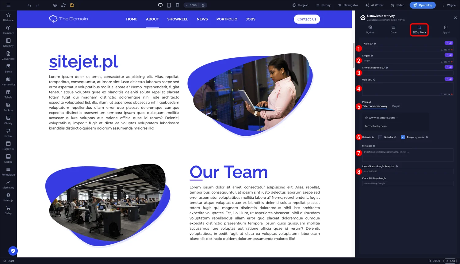 Panel globalnych ustawień SEO i Meta w Sitejet Builder z polami Tytuł SEO, Slogan, Słowa kluczowe, Opis i podglądem SERP