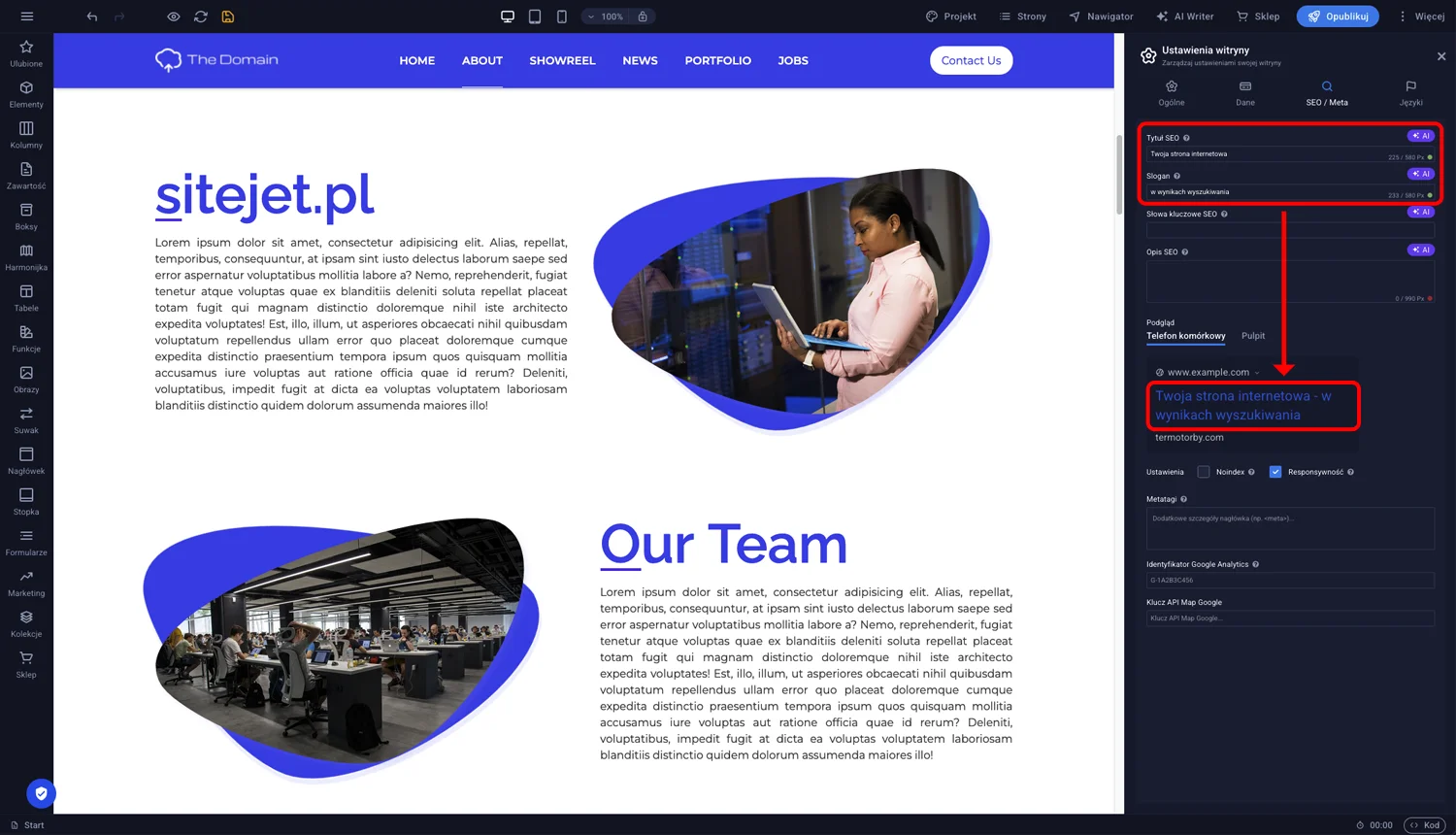 Podgląd wyniku wyszukiwania Google z widocznym tytułem SEO, sloganem oddzielonym myślnikiem i meta opisem strony