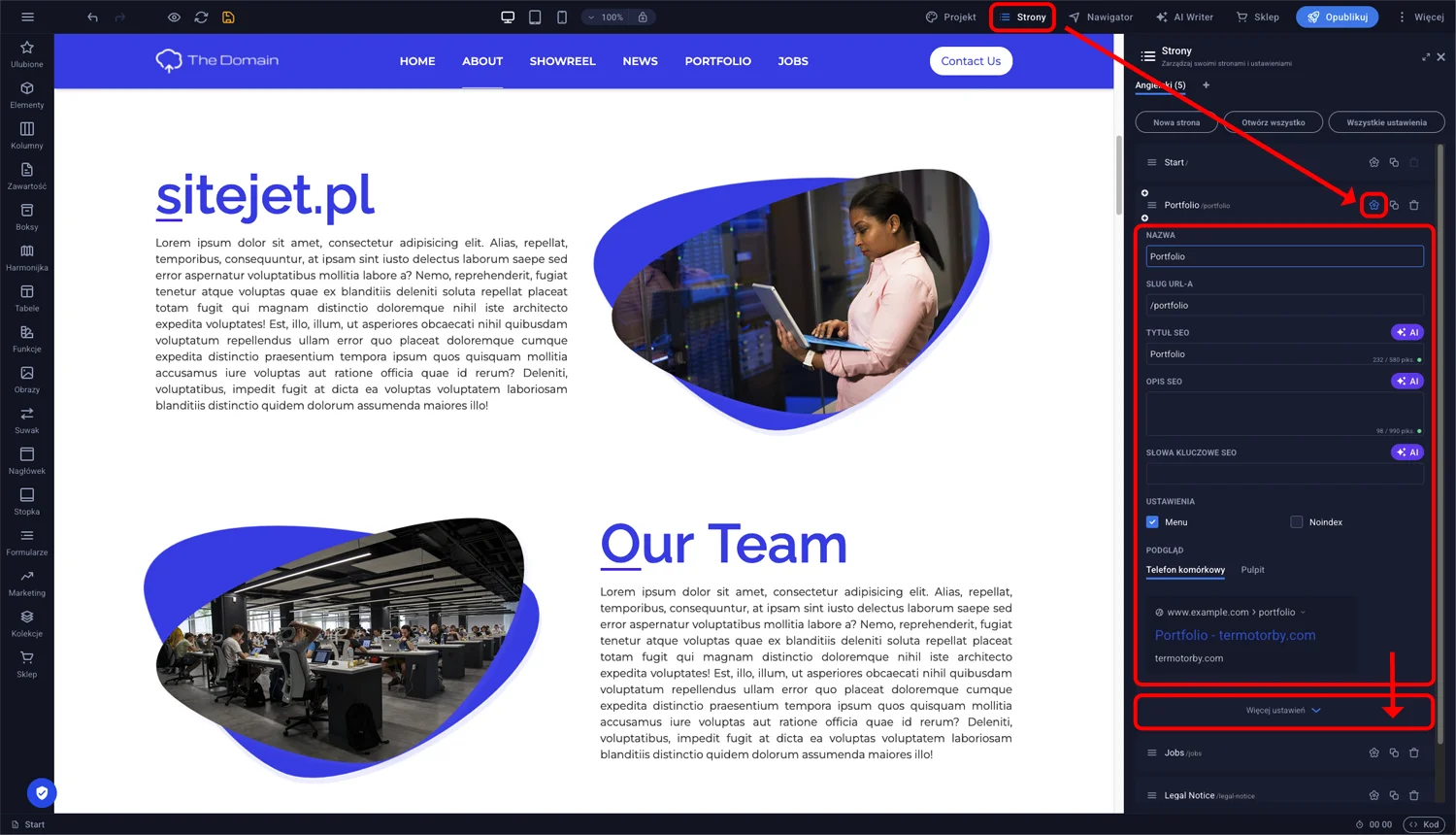 Panel ustawień SEO dla pojedynczej podstrony z polami Tytuł SEO, Opis, Słowa kluczowe i przyciskiem Więcej ustawień